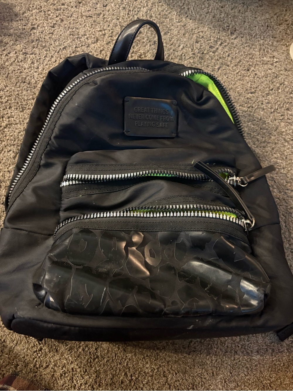 Black Men's Compact Nylon Backpack with Neon Green Lining